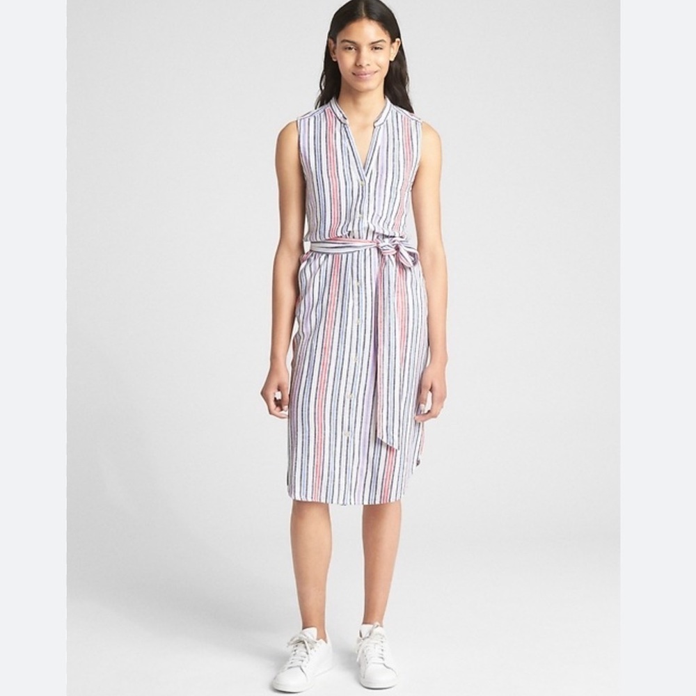 NWT Gap Linen Blend Sleeveless Striped Midi Shirt Dress Blue Pink